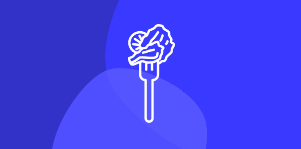 Nutrition support White fork with nutritious, salad-like food icon on a light and dark blue background