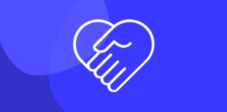 Supporting someone at risk White icon of hands making a heart shape on a blue background